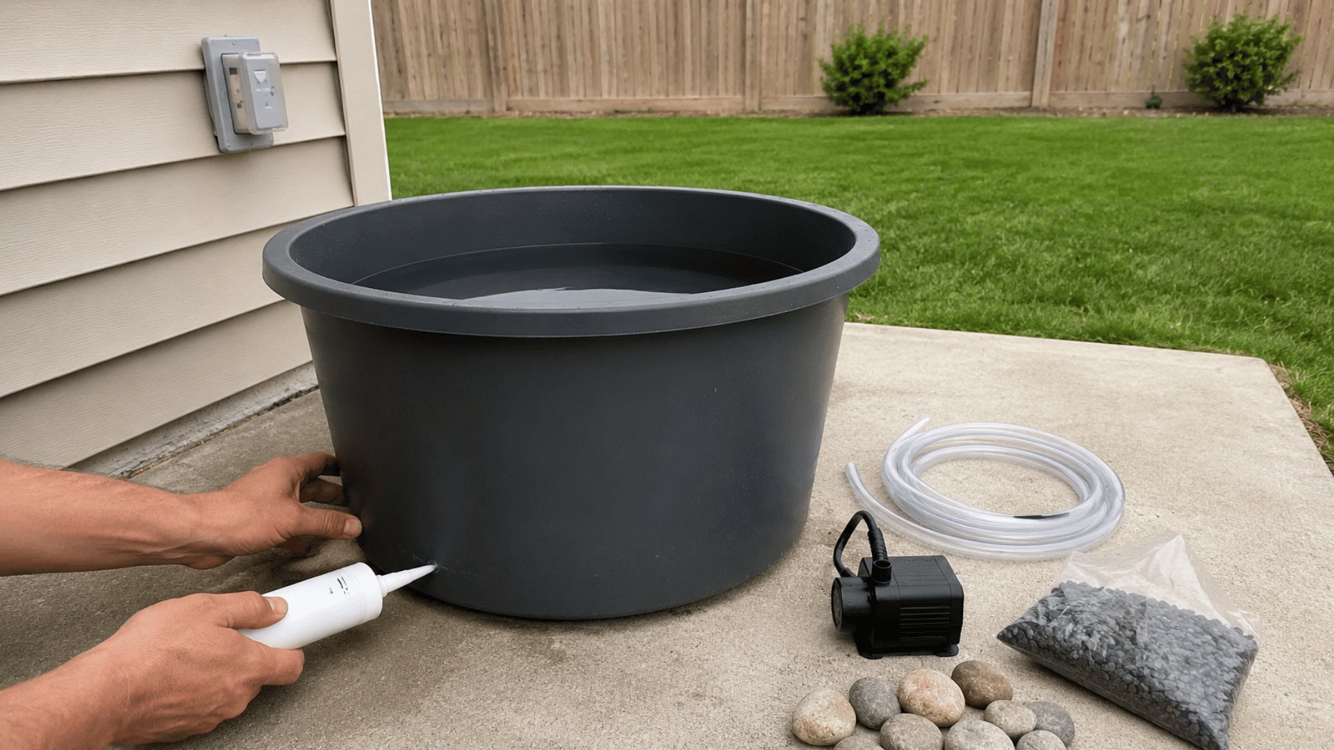 hands sealing black tub with silicone next to pump, tubing, and stones on patio