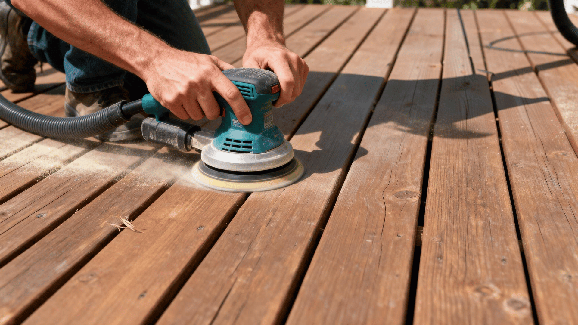 hands use an orbital sander on repaired deck boards while a vacuum collects dust before priming begins outside (1)