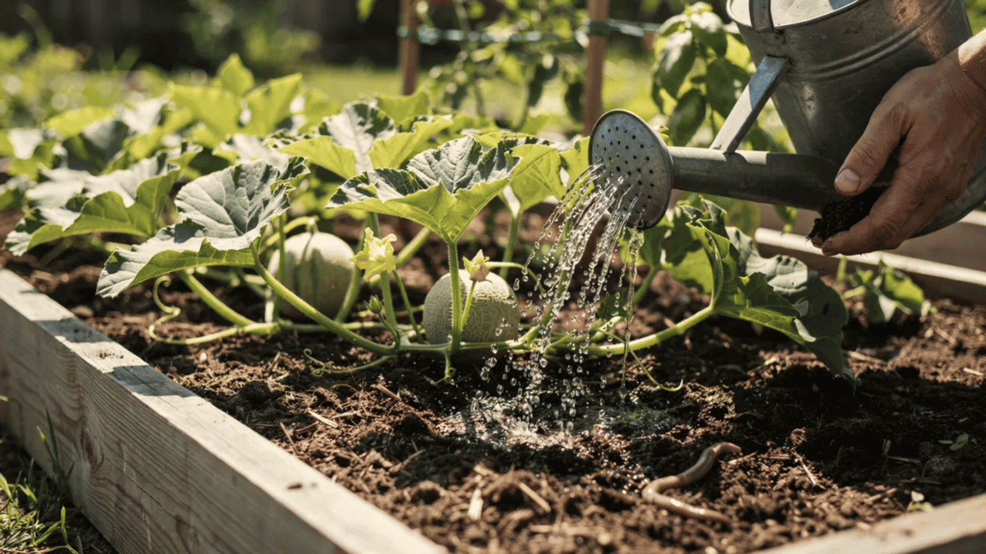 Hands watering a healthy cantaloupe plant and adding nutrients to support vine growth and fruit production.