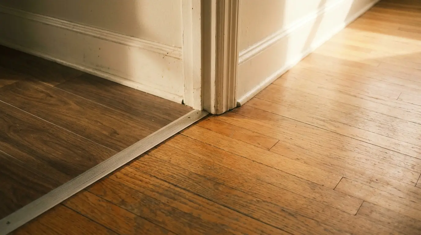 Corner of a room with contrasting wooden floorings and sunlight streaming in