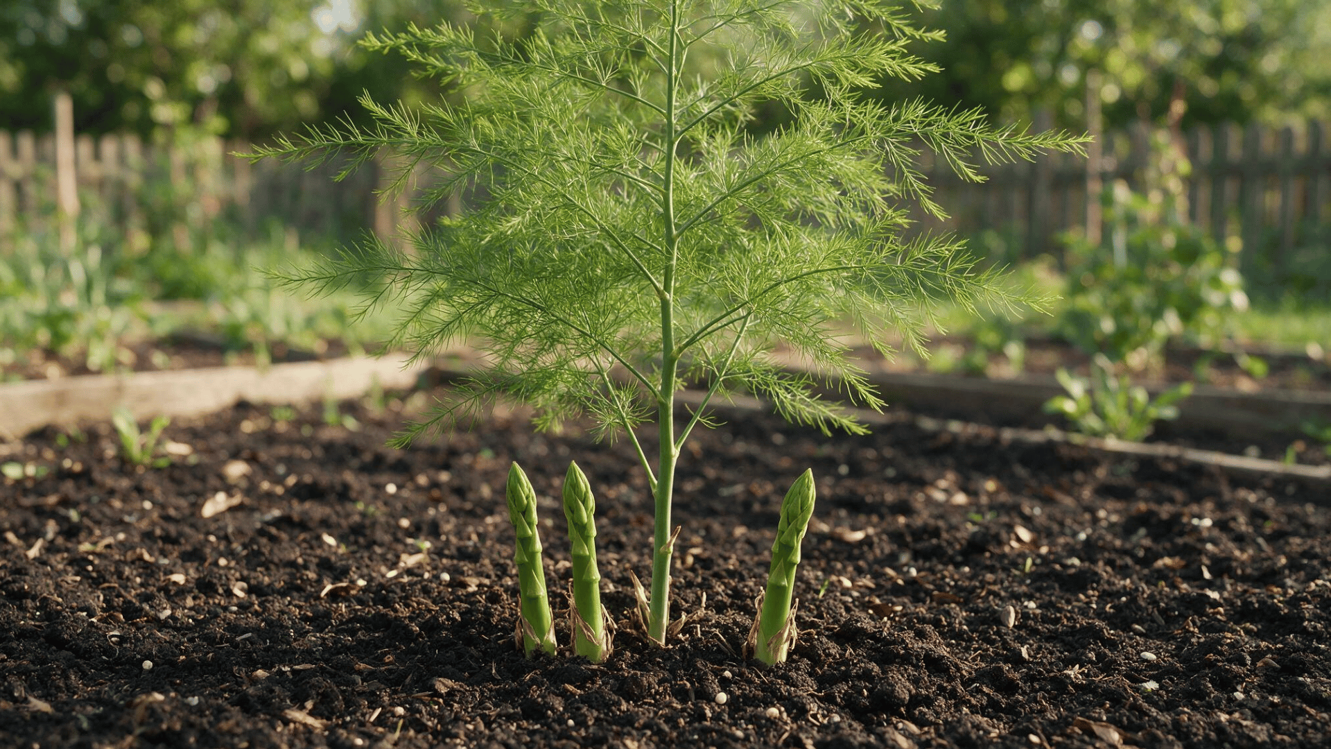 healthy asparagus plants growing in a home garden bed with fresh green spears and fern foliage