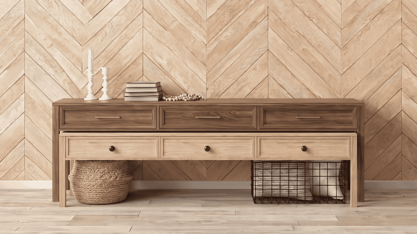 Herringbone wood wall panels with a wooden console table and woven baskets.