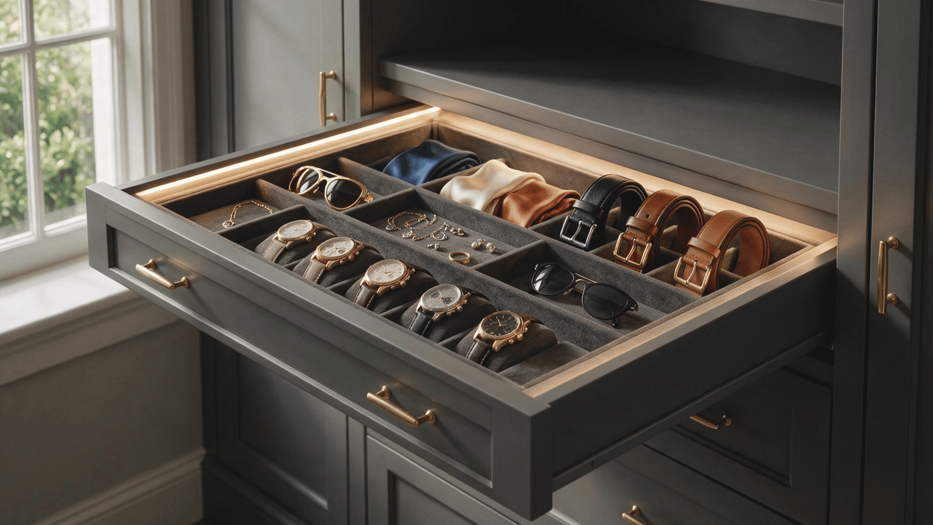 hidden drawer lighting revealing jewelry watches sunglasses and neatly arranged closet accessories