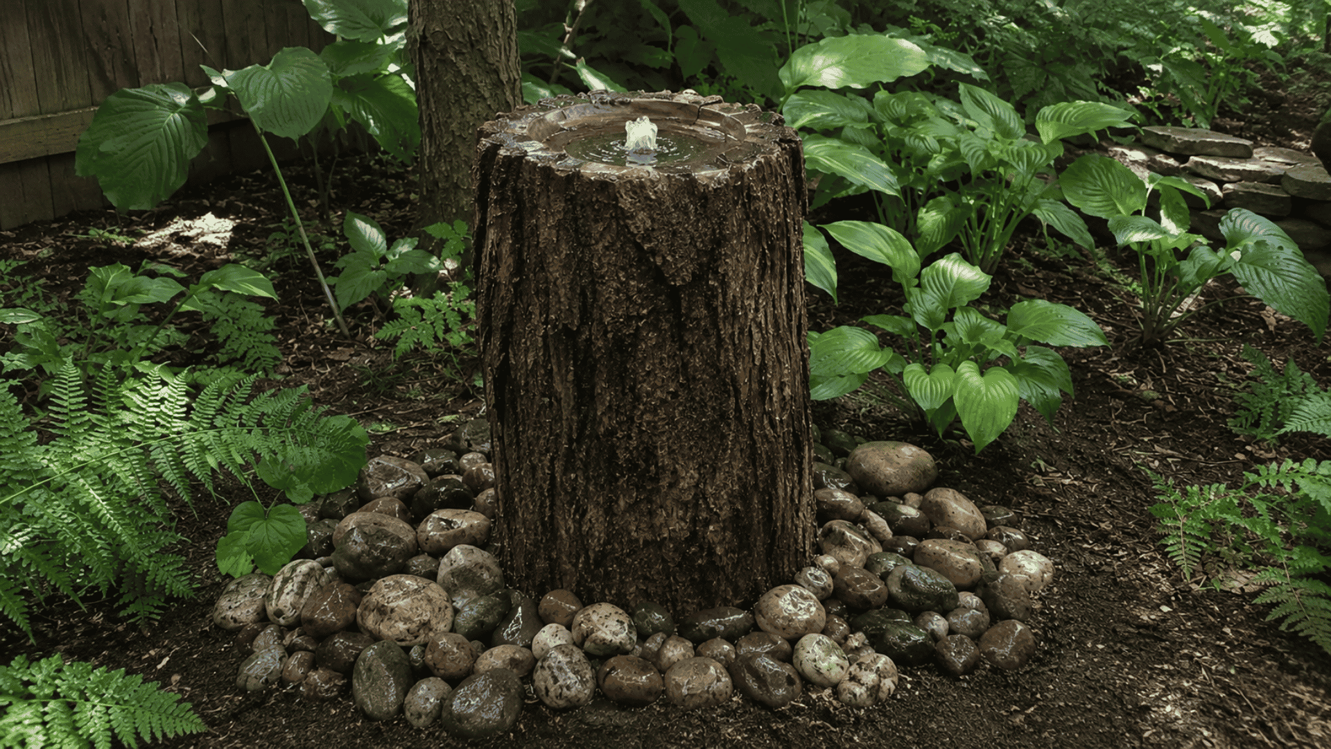 hollowed tree stump fountain bubbling water surrounded by ferns and river stones