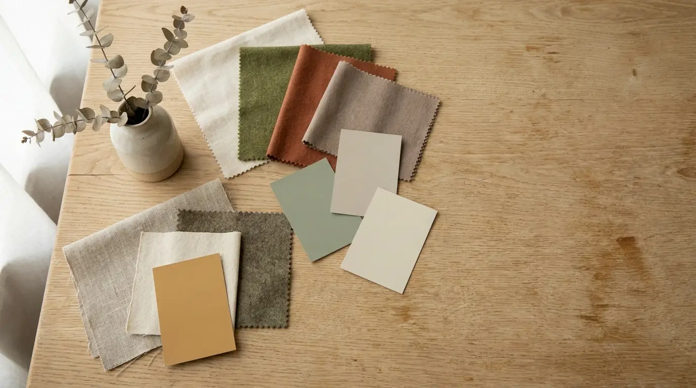 Fabric swatches and paint samples arranged on wooden table with ceramic vase and leaves