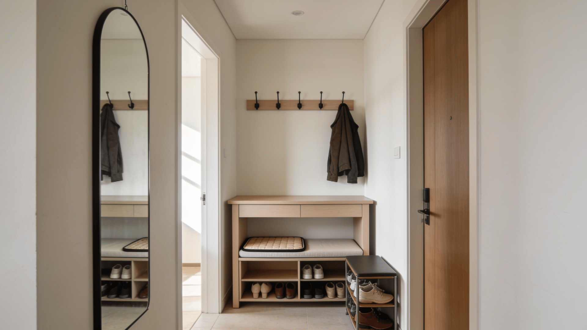 home entryway with console table, storage bench, coat hooks, mirror, and shoe rack in an organized layout