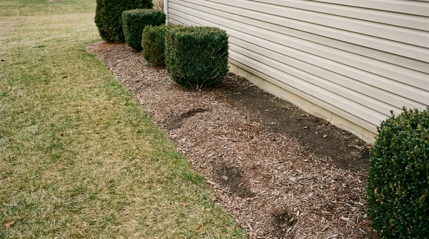 Trimmed hedges and mulched flower bed beside beige siding house wall