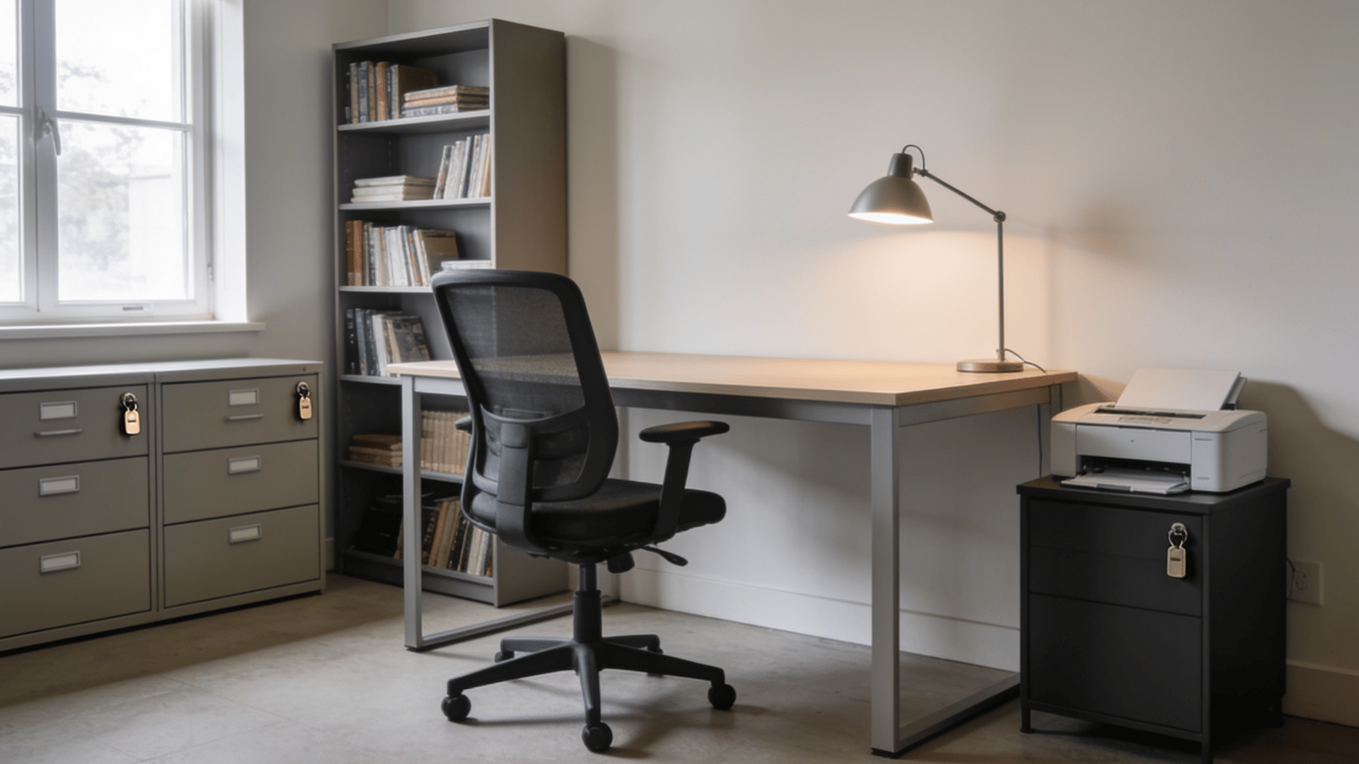 home office setup with desk near window, ergonomic chair, task lamp, bookshelves, and filing cabinet