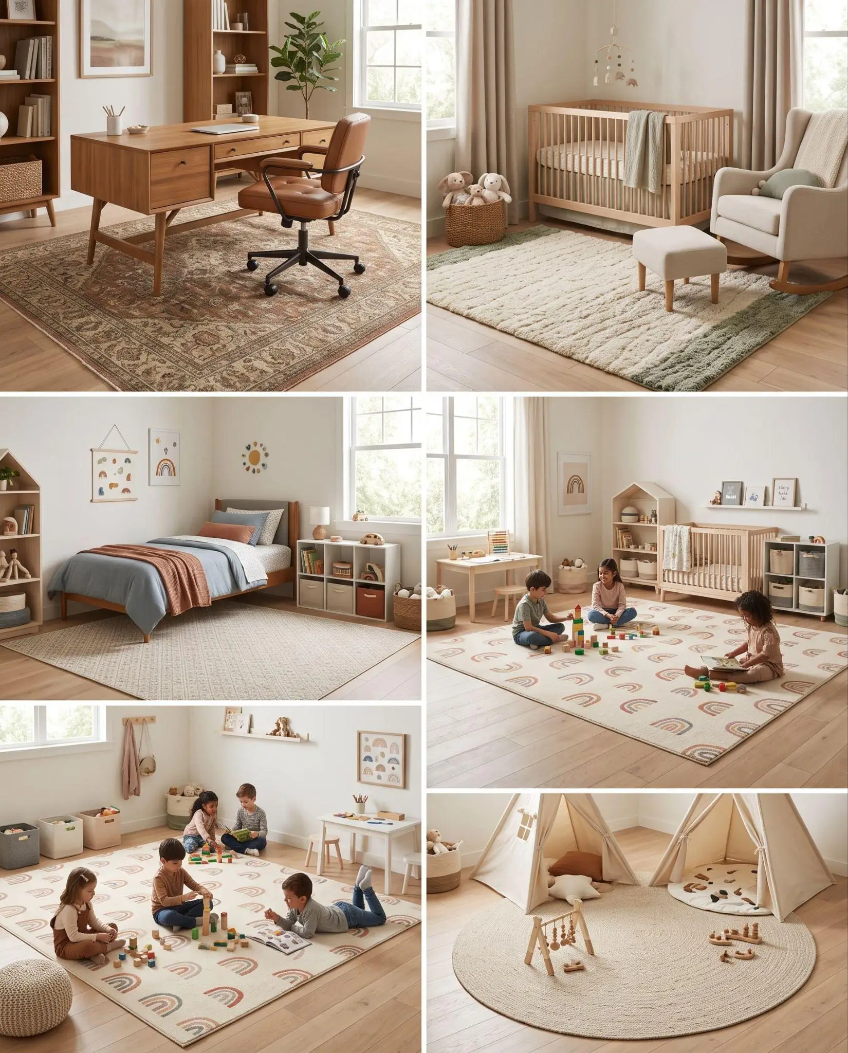 Modern children's playroom with wooden toys, colorful rainbow rugs, and canvas teepee tents