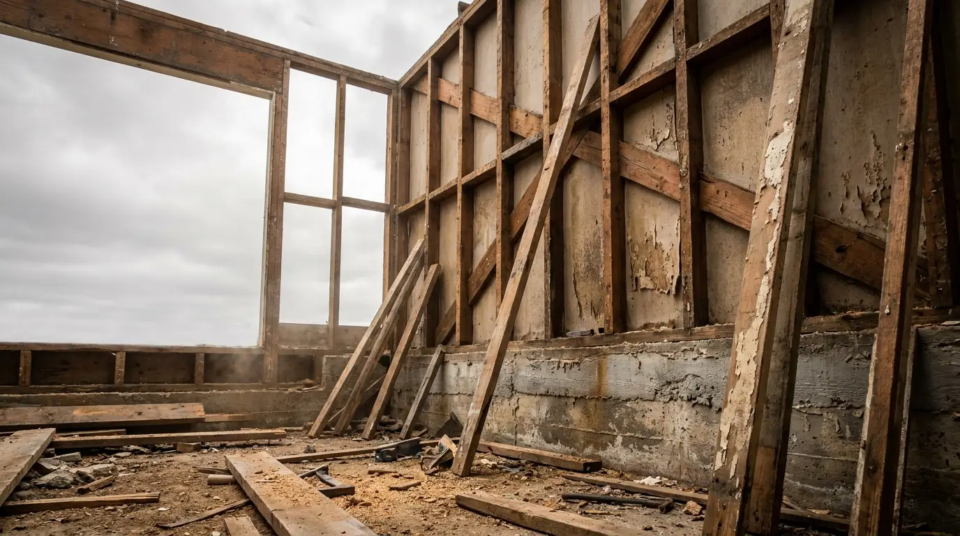 Wooden wall frame in unfinished construction site under cloudy sky