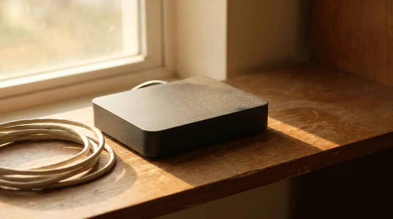 Black external hard drive and coiled cable on wooden windowsill with warm sunlight