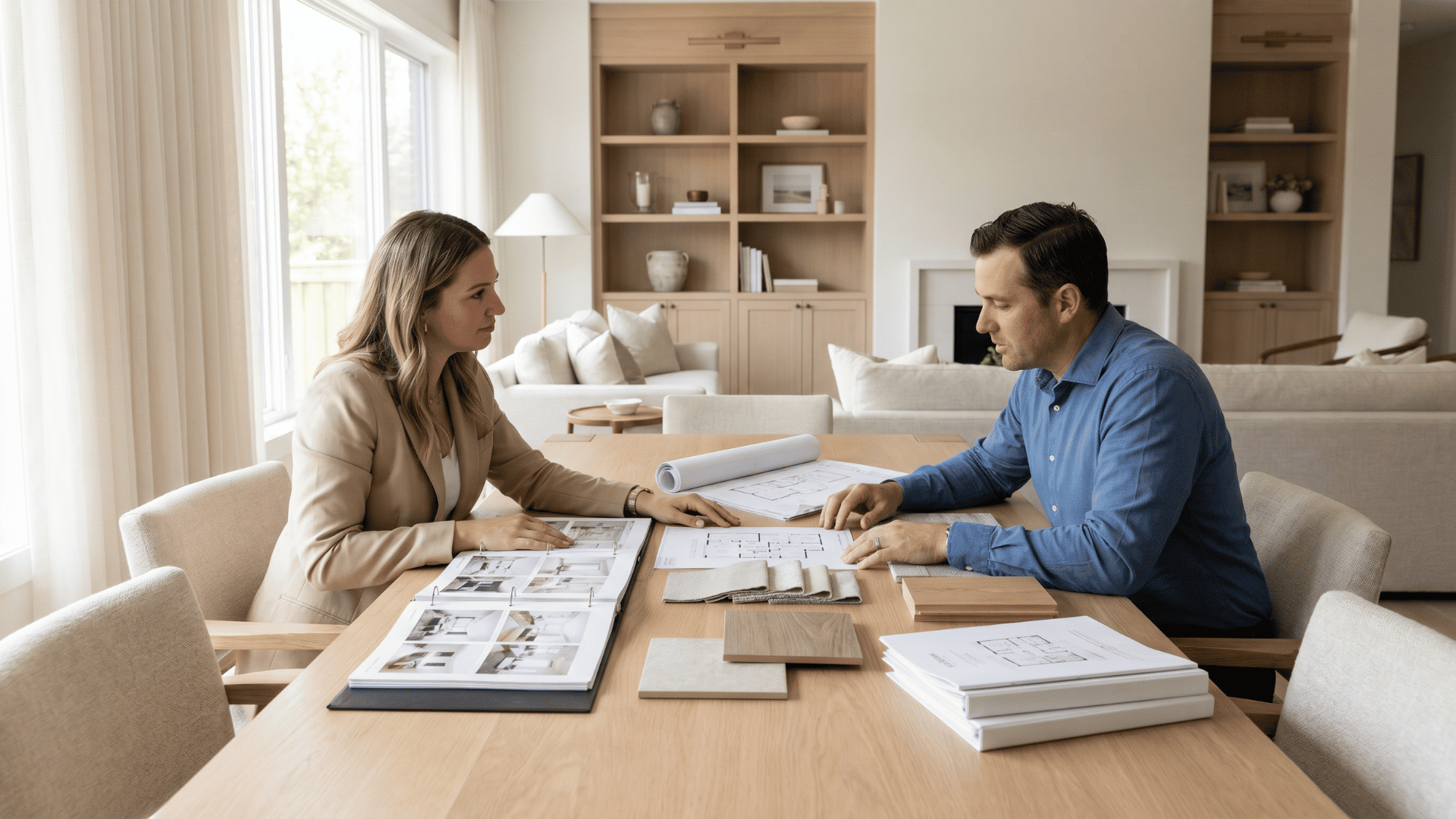 Homeowner reviewing design plans and material samples with an interior designer inside a residential space