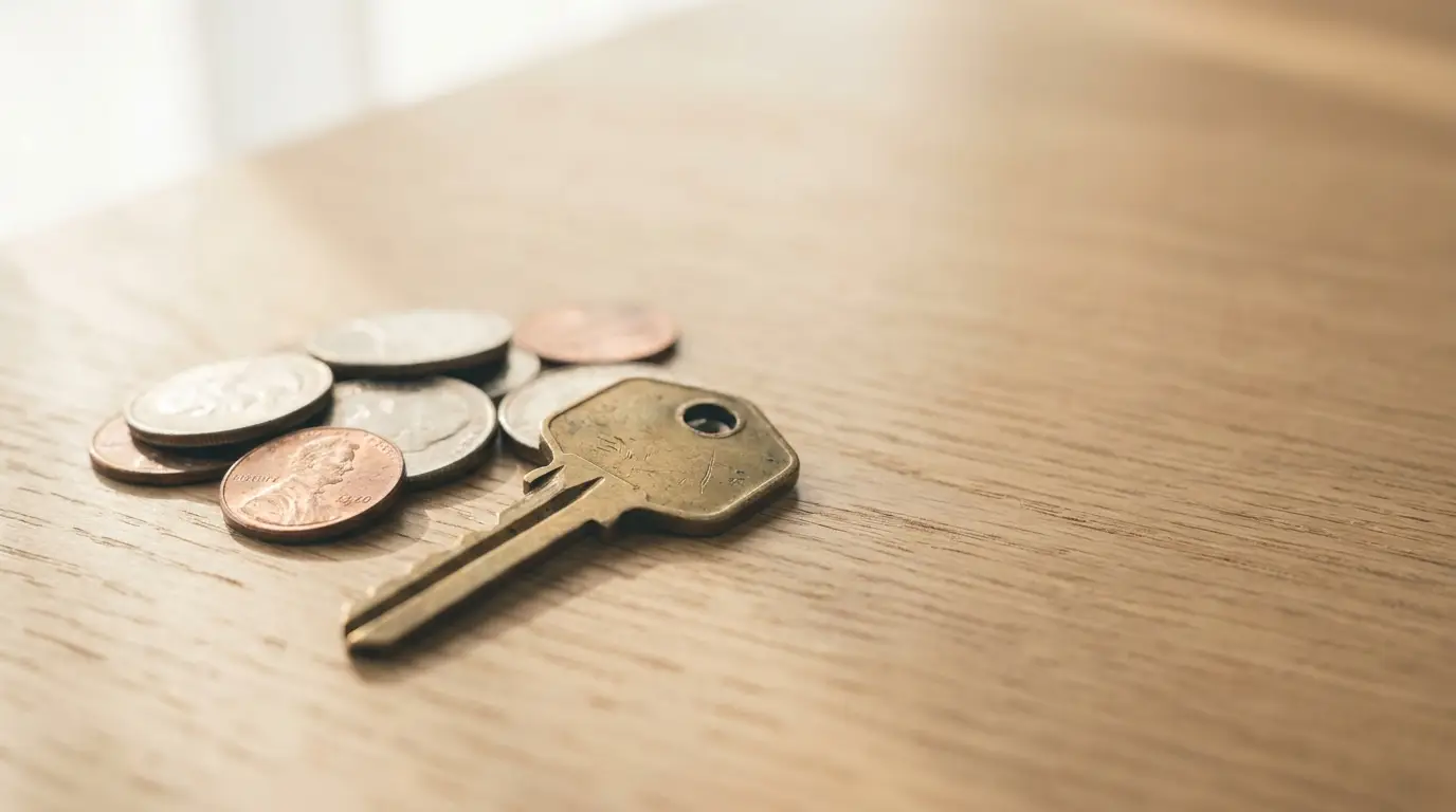 Key and coins on light wooden surface with soft natural lighting