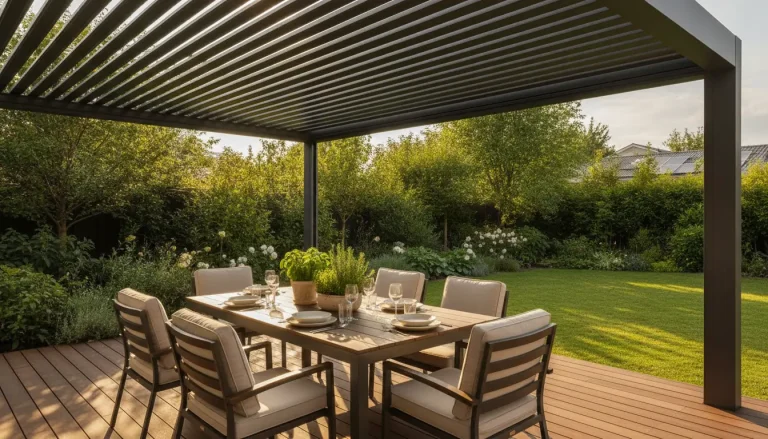 Outdoor dining area with wooden table and chairs under pergola in a lush garden setting