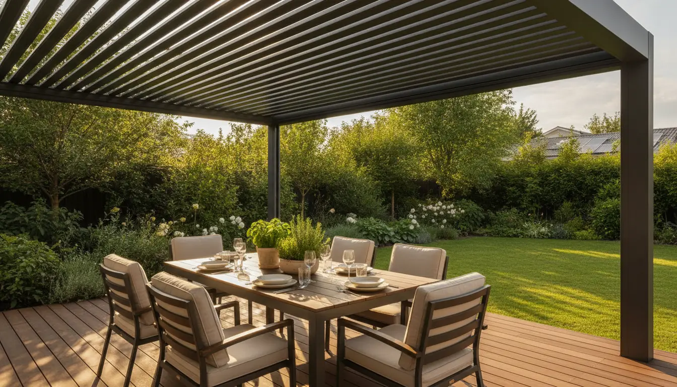 Outdoor dining area with wooden table and chairs under pergola in a lush garden setting