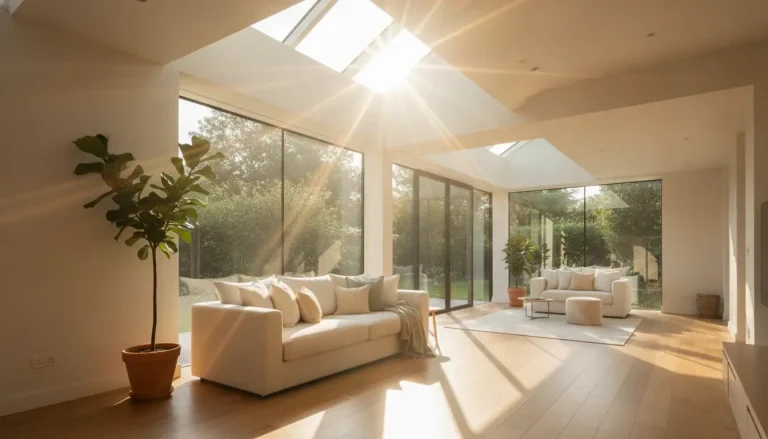 Modern living room with beige sofas, large windows, potted plants, and bright sunlight streaming in