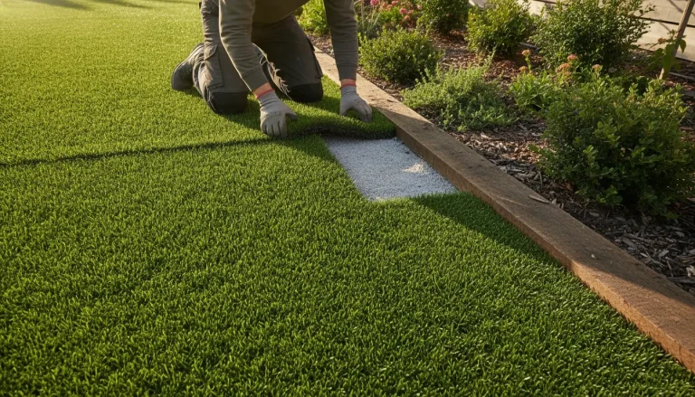 Person laying artificial turf on garden edge in sunny outdoor setting