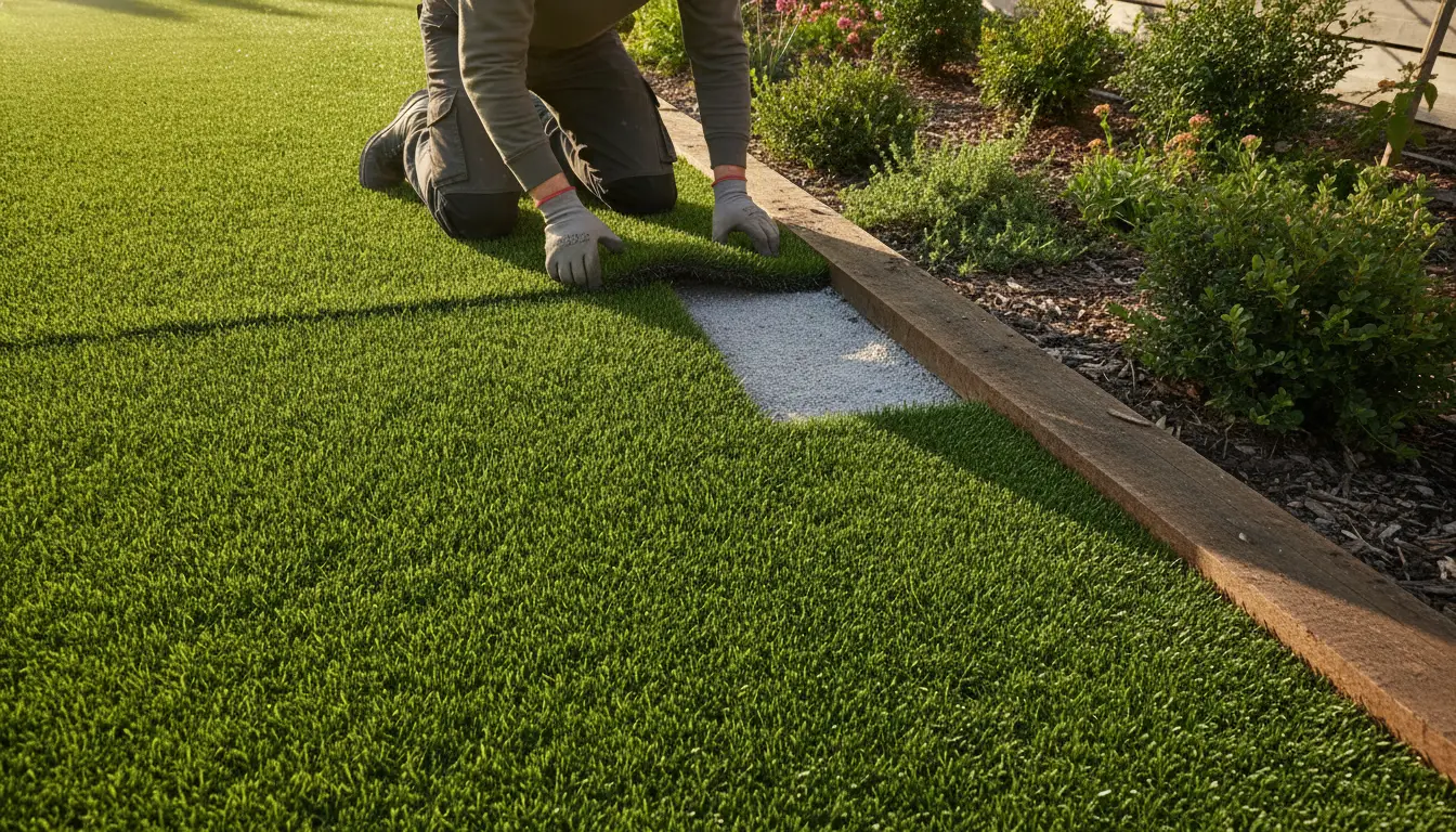 Person laying artificial turf on garden edge in sunny outdoor setting