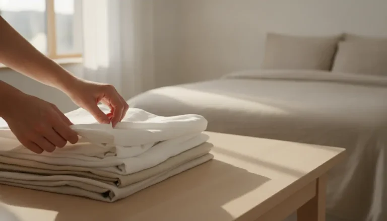 Hands folding white linens on a wooden table in sunlit bedroom