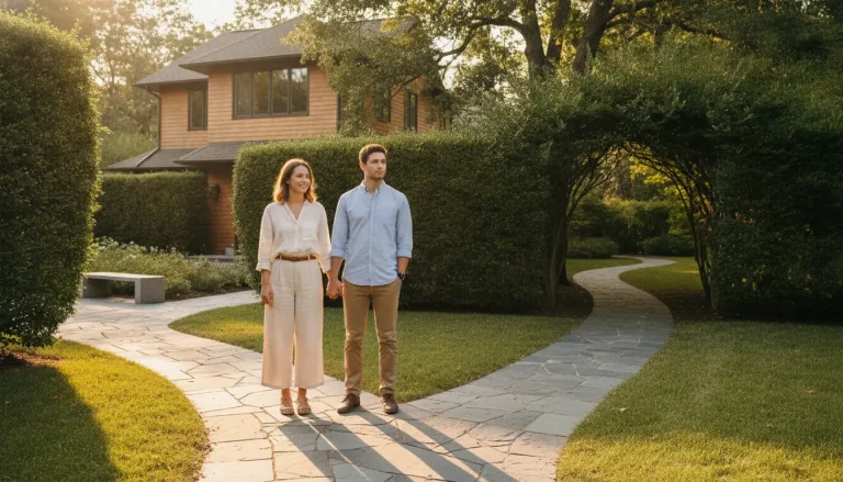 Couple holding hands on a stone path in front of a wooden house in garden setting