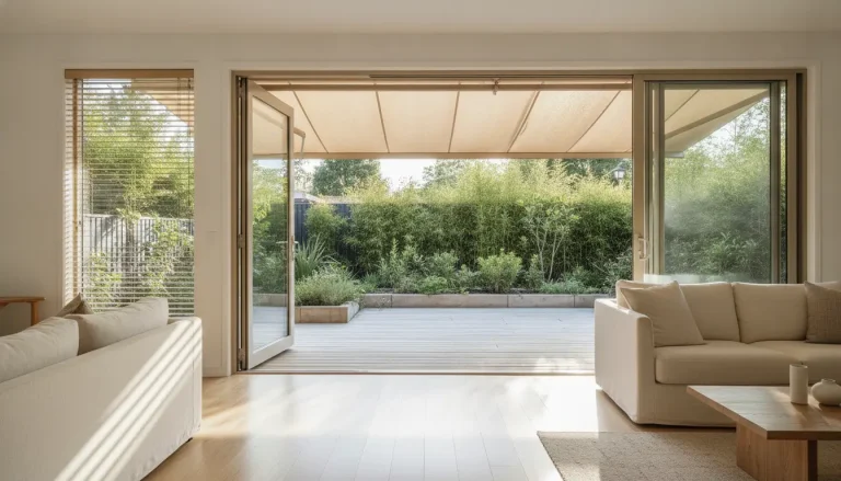Open glass doors leading to a lush garden viewed from bright living room with beige sofas