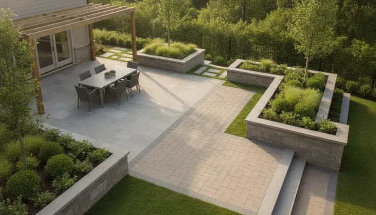 Modern outdoor patio with dining table under pergola, surrounded by lush greenery and stone planters