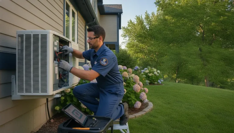 Technician repairing outdoor AC unit in residential garden setting with hydrangeas