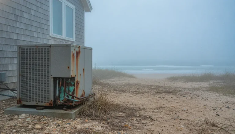 Rusty air conditioning unit outside beach house on foggy day with ocean in background