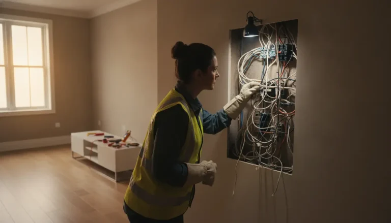 Electrician examining complex wiring in dimly lit room with tools on white table