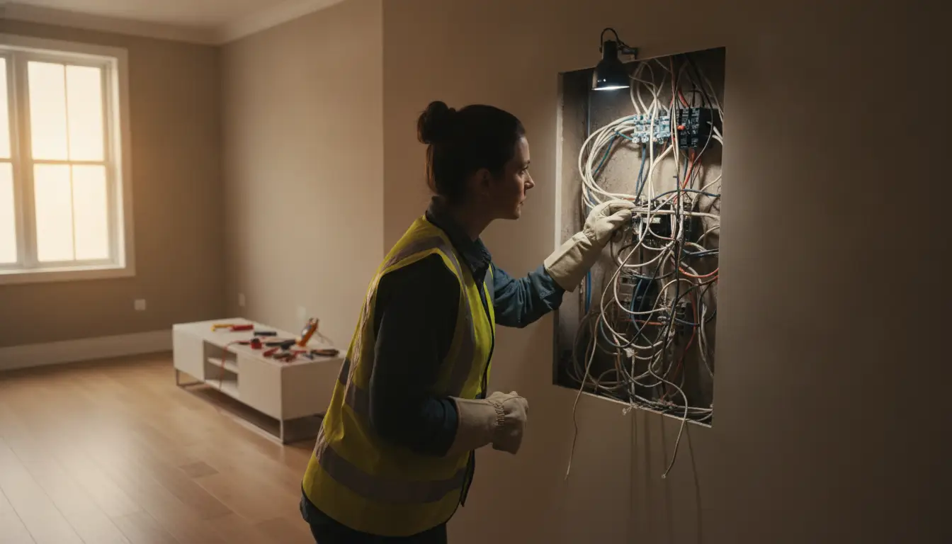 Electrician examining complex wiring in dimly lit room with tools on white table