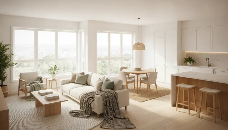 Modern open-plan living and dining area with light wood furniture and large windows
