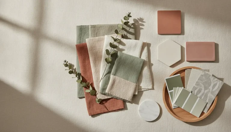 Fabric swatches, tiles, and paint samples on canvas in natural light with eucalyptus sprigs