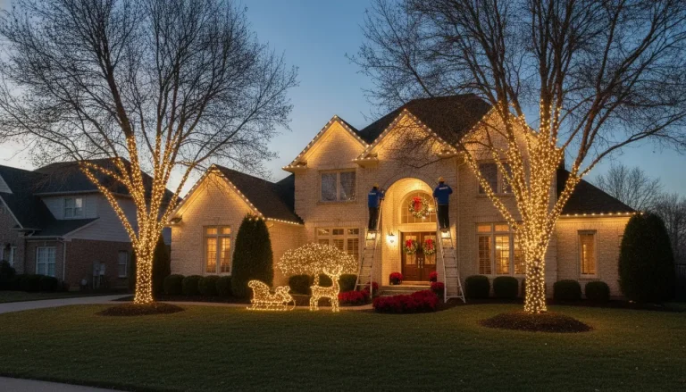 Two workers on ladders hanging Christmas lights on lit house and trees at dusk