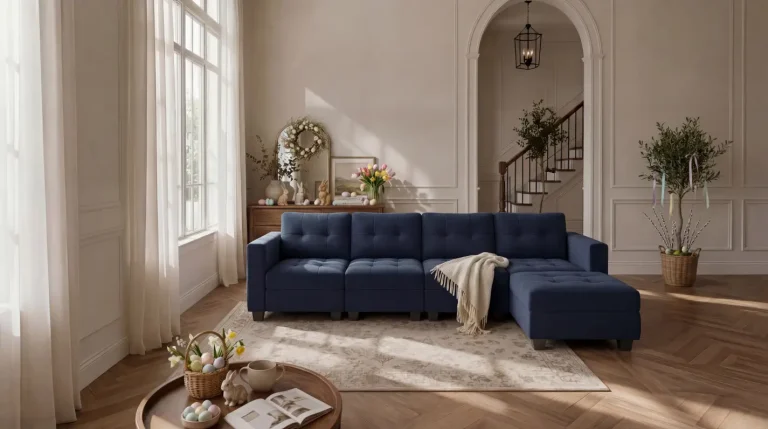 Navy blue sectional sofa in elegant living room with Easter decorations and natural light