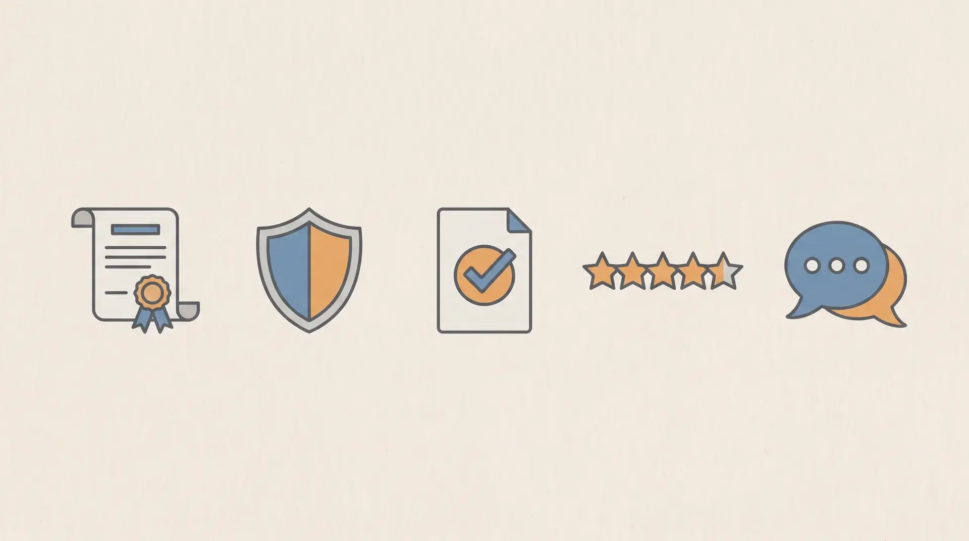 Certificate, shield, checkmark document, star rating, and speech bubble icons in orange and blue tones