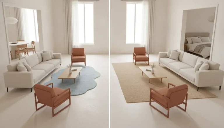 Two modern living rooms with beige sofas, orange chairs, and wooden coffee tables on different rugs