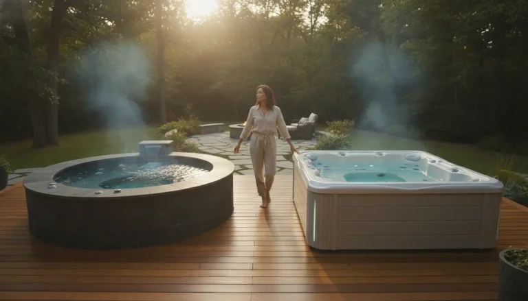 Woman walking between hot tubs on wooden deck in tranquil wooded backyard setting