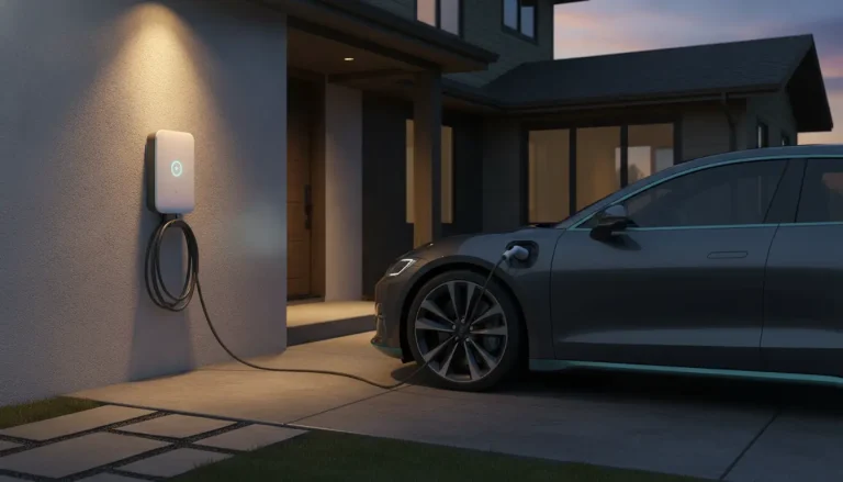 Electric car charging at a modern wall-mounted charger outside a residential house at dusk