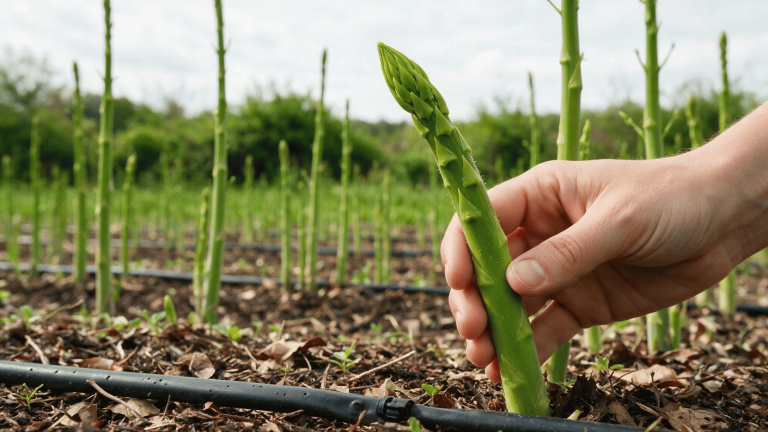 healthy green asparagus spears growing across a raised backyard garden bed with young fern growth in warm sunlight