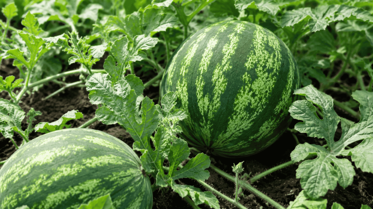 Watermelons growing on vines among green leaves in dark garden soil, ready to ripen