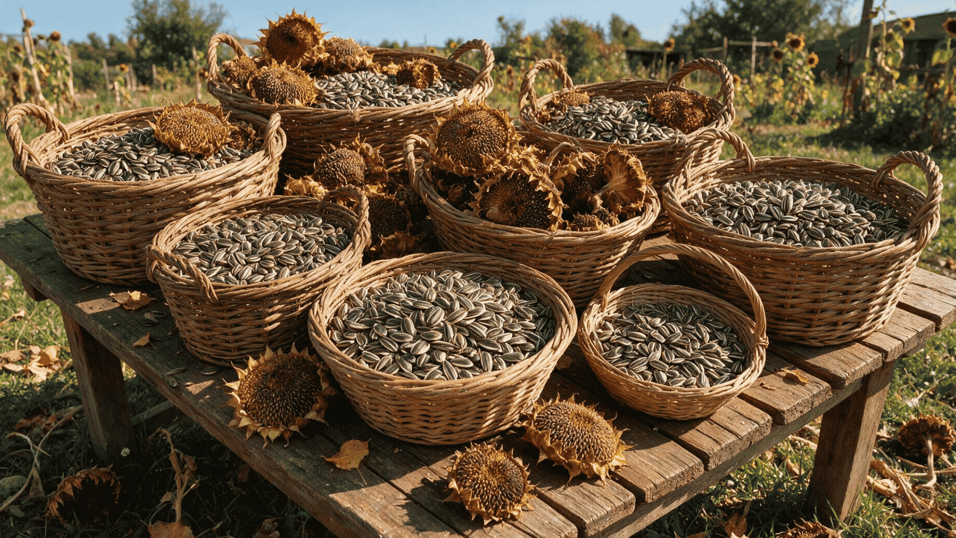 multiple woven baskets filled with harvested sunflower seeds and dried sunflower heads on a wooden table in a garden