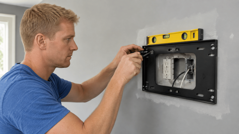 How to mount TV on wall with a person checking a wall bracket level during installation.