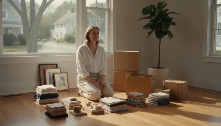 Woman sitting on wooden floor organizing books and clothes near large windows and potted plant