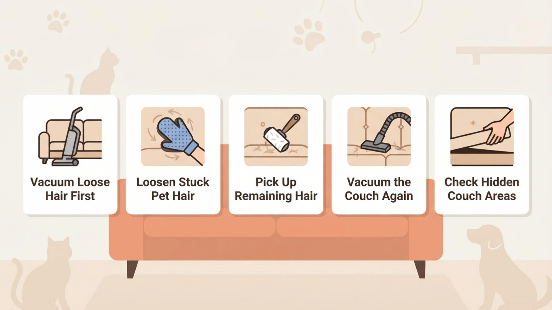pet friendly infographic showing five couch cleaning steps for removing loose and stuck pet hair from sofa fur
