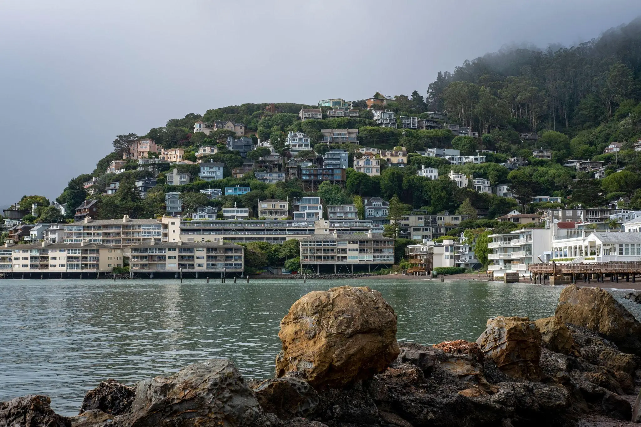 Hillside coastal town with colorful houses and dense greenery under overcast sky