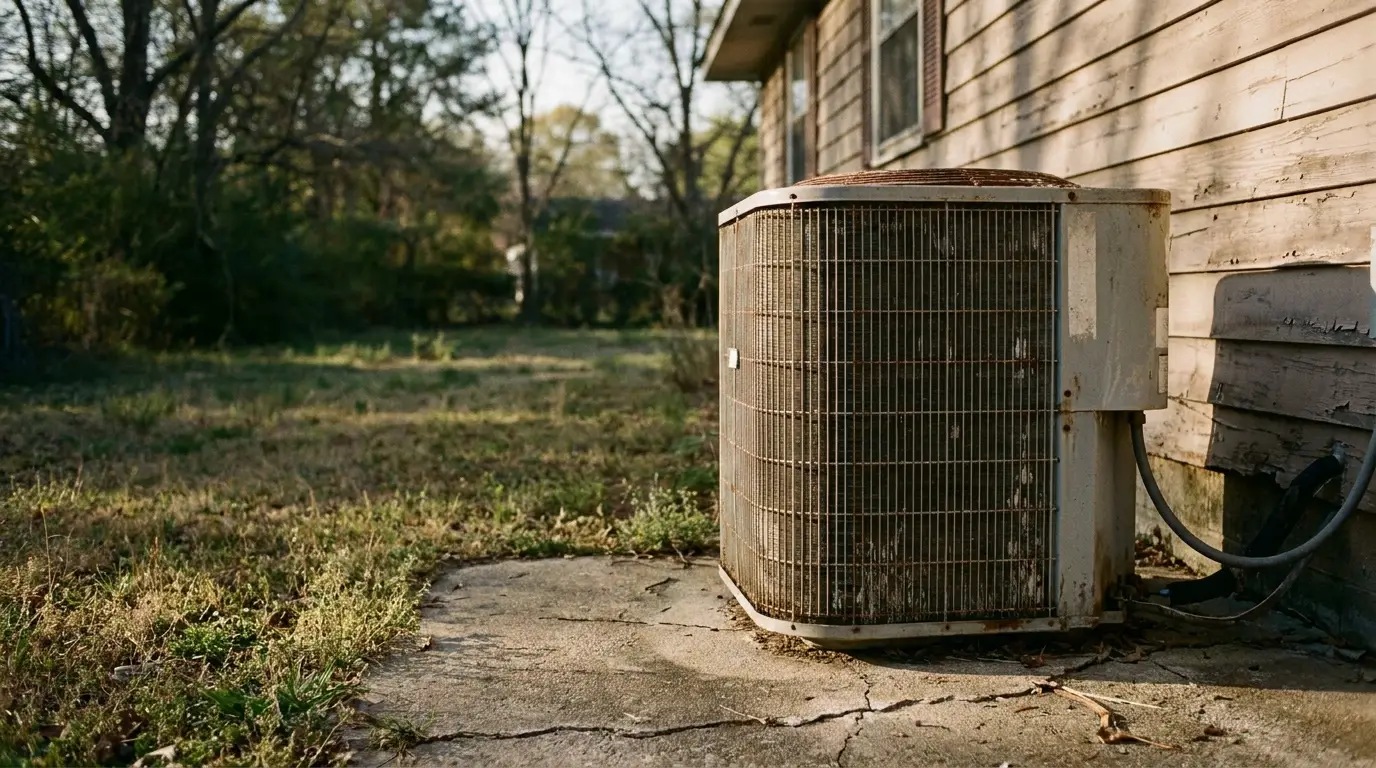 Outdoor air conditioning unit beside weathered wooden house in grassy backyard setting