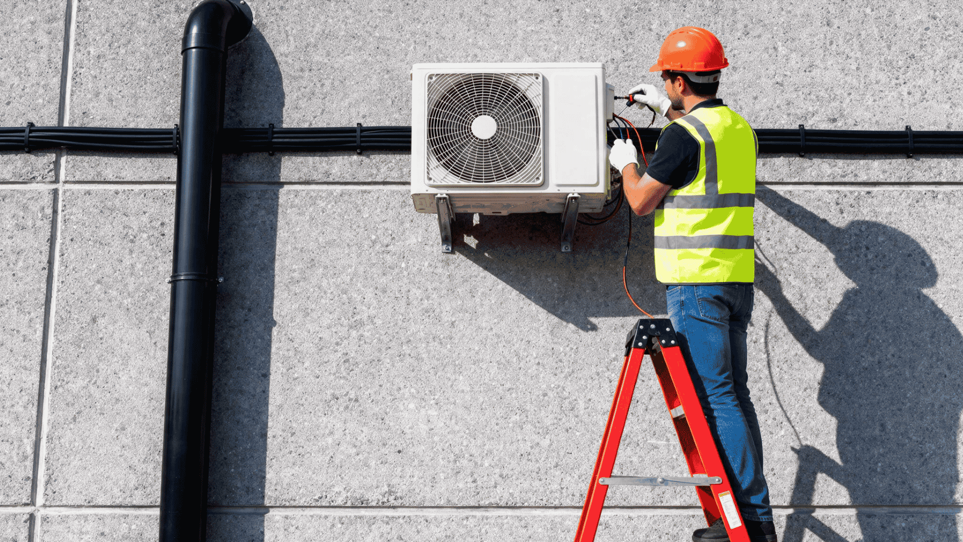 hvac technician servicing an outdoor air conditioner unit while standing on a ladder beside a building wall
