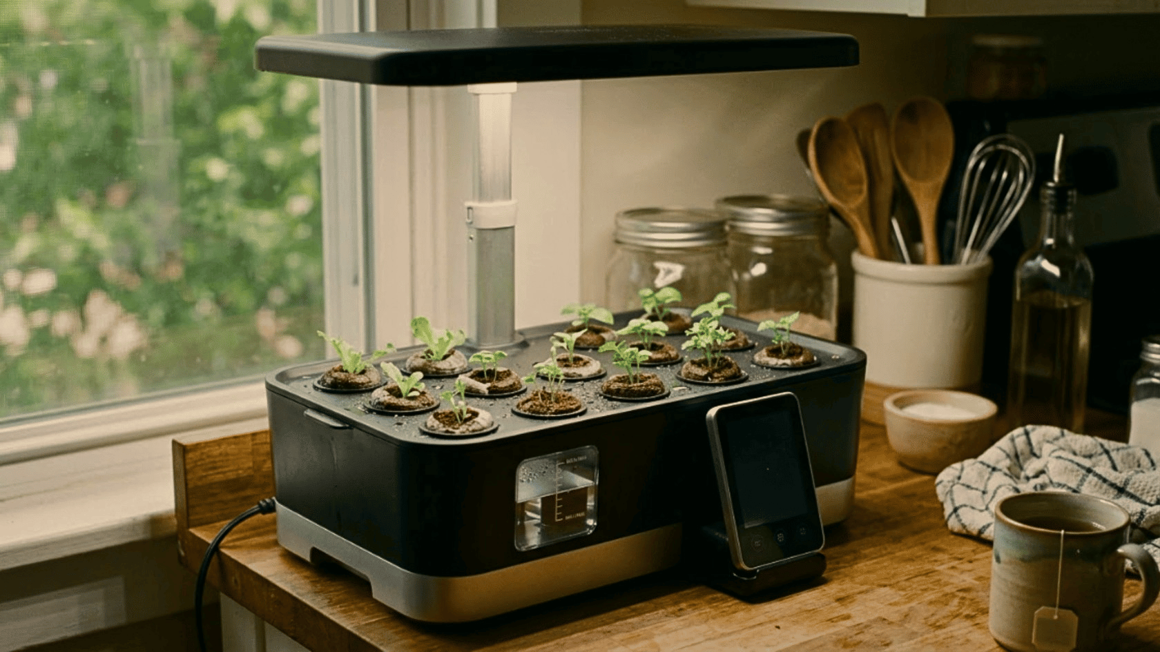 Hydroponic garden with adjustable LED light and water gauge growing herbs.