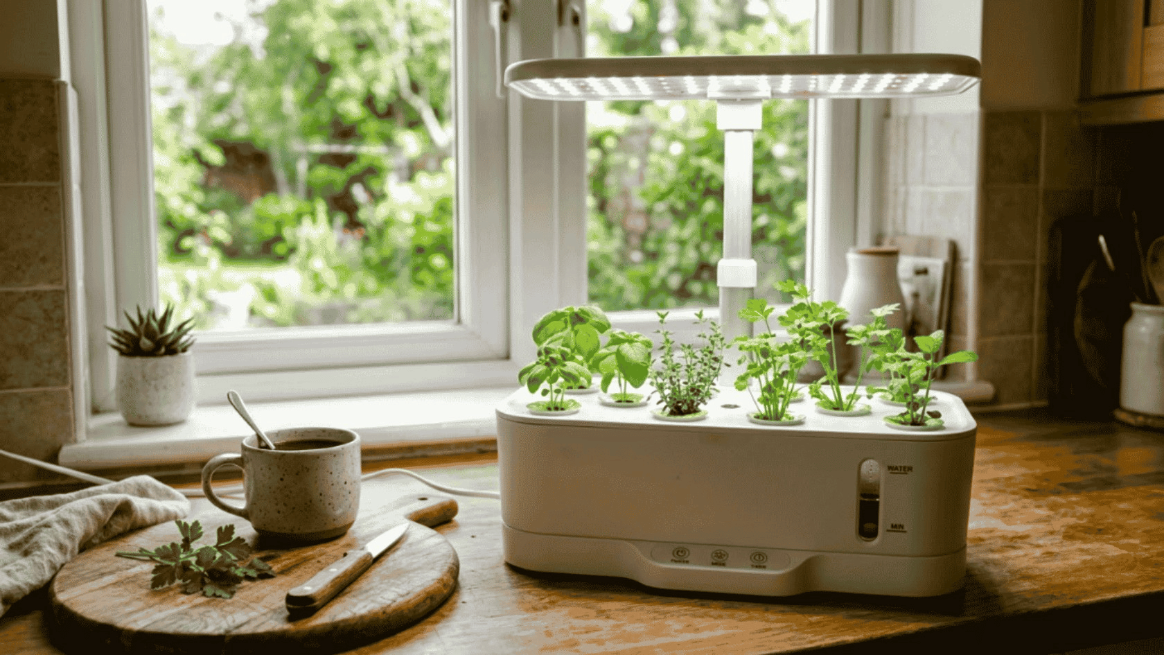 Hydroponic herb garden with LED grow light on a kitchen countertop near a window.