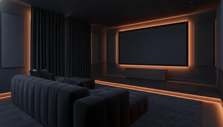Dark home theater room with large screen, black seating, and ambient orange lighting